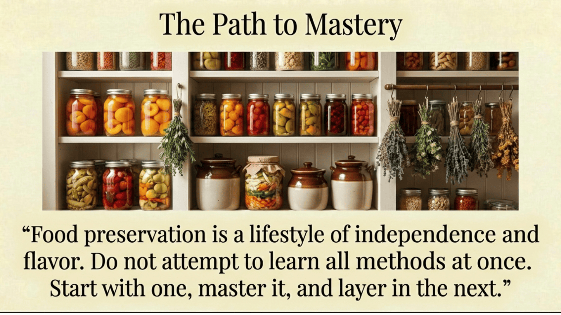 A organized pantry with canned fruits, vegetables, fermented foods, dried herbs, and preserved goods showing the path to food preservation mastery